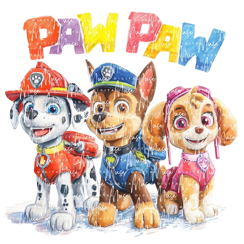 May include: A colorful illustration of three cartoon dogs from the Paw Patrol series. The word "PAW PAW" is written above the dogs in various colors. The dogs are wearing uniforms and smiling.