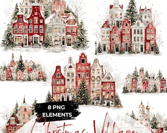 Watercolor Christmas Village Clipart Bundle: Festive Winter Houses (PNG Digital Download)