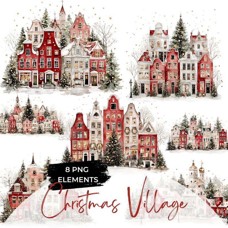 Watercolor Christmas Village Clipart Bundle: Festive Winter Houses (PNG ...