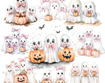 Aquarel Halloween spook clipart 12 bundel | Schattige geesten met pompoenen en strikken, png PNGEgg | Digitale download spookachtige pastelkleur voor knutselen