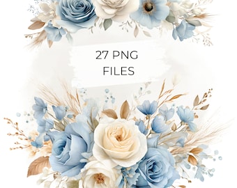 Blue Cream Floral Clipart – 27 Dusty Blue Rose Arrangements for Wedding Invitations, Branding & Printable Decor