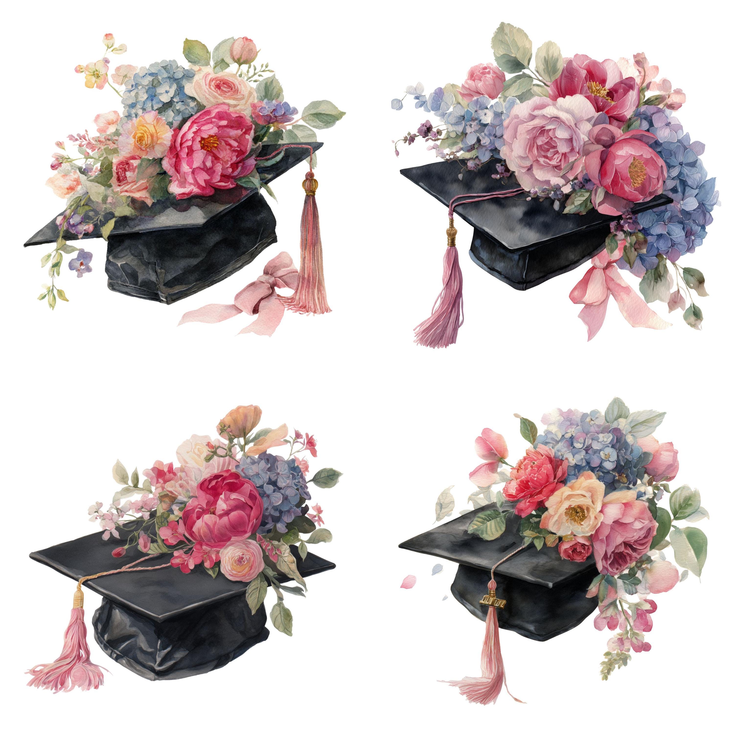 Graduation Clipart Watercolor Floral Graduation Cap PNG Bundle Pink ...