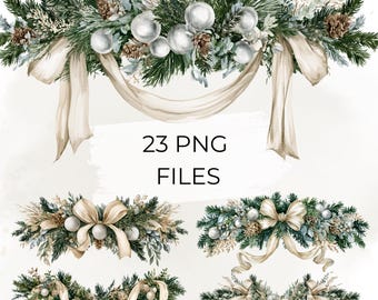 Ensemble de 23 images clipart de guirlandes de Noël au format PNG, guirlande de sapin aquarelle, nœud doré et ornement argenté pour les fêtes