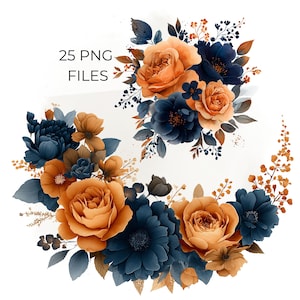 Marinblå orange blommig clipart, akvarellbukett PNG-set, höstbröllopsinbjudningsdekor, scrapbook-element