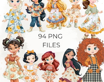 Fall Princess Clipart Bundle, 94 PNG, Autumn Girls, Pumpkin Princess, Cute Fairytale Characters, Thanksgiving Sublimation