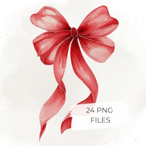 Könnte beinhalten: Aquarell-Illustration einer roten Schleife mit langen, fließenden Bändern. Die Schleife ist detailliert mit Schattierungen und Highlights, was ihr ein realistisches Aussehen verleiht. Der Text "24 PNG FILES" ist in Schwarz geschrieben.