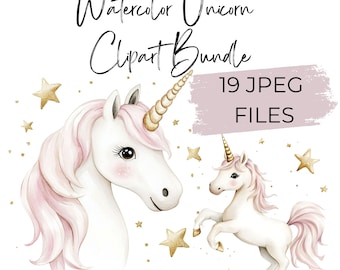 Watercolor Unicorn Clipart Bundle, Pink Baby Unicorn with Golden Stars, Cute Pastel Nursery Wall Art, Magical Fantasy Printable Set JPEG