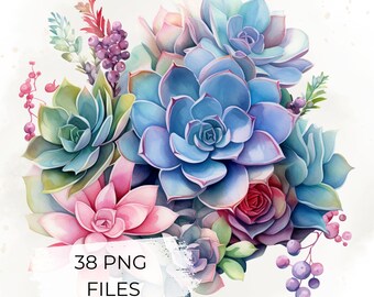 Succulent Clipart Bundle, Watercolor Succulent Bouquet PNG, Pastel Floral Arrangement for Invitations, Stickers