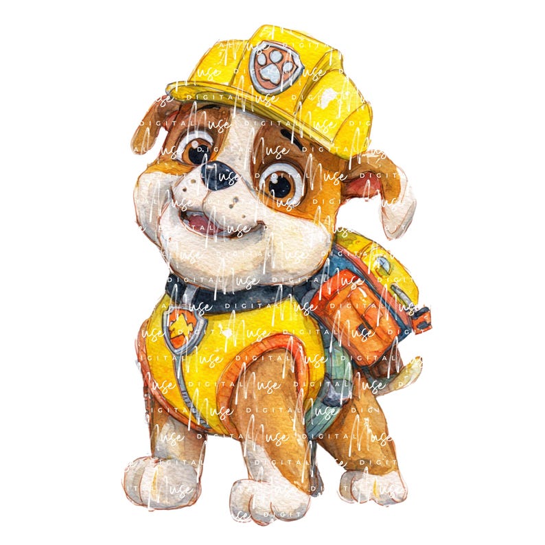 May include: Watercolor illustration of a cartoon puppy wearing a yellow construction hat and vest. The puppy has brown and white fur, with a friendly expression. A backpack is visible on the puppy's back. The image is set against a white background.