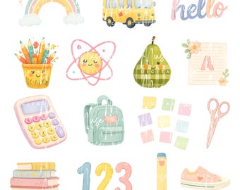 Pastel School Supplies Clipart: Kawaii Stationery PNG (Commercial Use, Digital Download