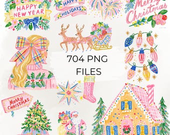 Preppy Christmas Clipart Bundle, 704 PNG Files, Colorful Hand Painted Christmas PNG, Holiday Bow Ornament Santa Graphics