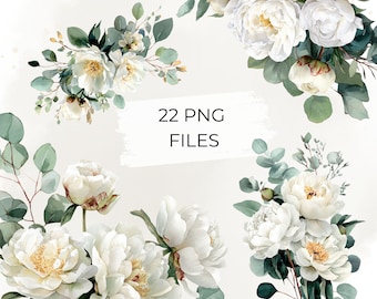 Wedding Floral Clipart Neutral White Peony Eucalyptus Bouquet Watercolor Flowers Transparent Background