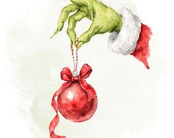20 Christmas Grinch Hand Clipart PNG, Watercolor Green Hand with Red Ornament, Holiday Mischief Art, Cute Xmas Decoration Illustrations