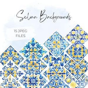 Può includere: Design ad acquerello con motivi di piastrelle siciliane blu e gialle. L'immagine include il testo "Sicilian Backgrounds" e "15 JPEG FILES". Le piastrelle presentano motivi floreali e di limoni, perfetti per sfondi digitali o stampe.