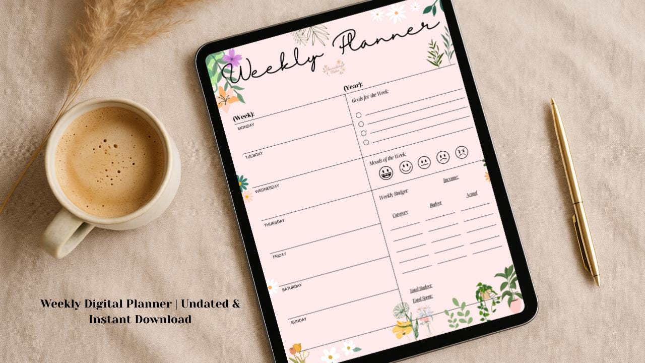 Undated Digital Weekly Planner - Soft Aesthetic Weekly Planner for Ipad, Goodnotes & Computer