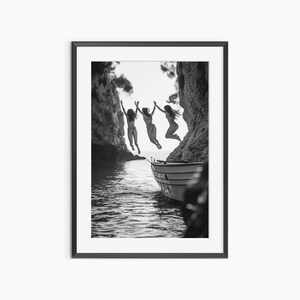 Jumping into Sea, Photography Prints, Boat Poster, Coastal Wall Art, Fine Art Print, Black and White Wall Art, Museum Quality Poster