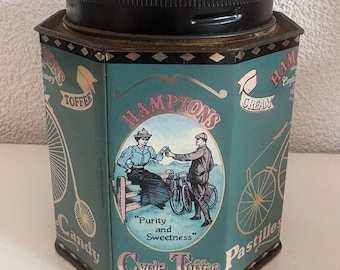 Vintage Hamptons Cycle Toffee Tin. Victorian Style Candy Tin - Silver Crane England. Retro Kitchen Storage. Decorative Blue Pastilles Box