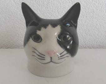 Vintage kwartel keramiek Barney zwart-witte kattenkop eierdopje 8,5 cm