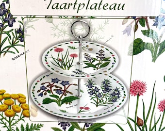 Vintage Porcelain Two-Tier Cake Stand – Botanical Herbs Pattern – 23x27 cm – Original Box