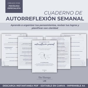 Może przedstawiać: Zestaw drukowanych tygodniowych dzienników autorefleksji w języku hiszpańskim. Dzienniki mają minimalistyczny design i zawierają pytania dotyczące organizacji myśli i planowania. Okładka głosi "Tygodniowy zeszyt autorefleksji".
