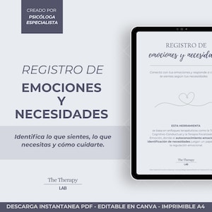 Könnte beinhalten: Ein digitales Tablet zeigt ein Dokument mit dem Titel "REGISTRO DE EMOCIONES Y NECESIDADES." Der Text enthält "Identifica lo que sientes, lo que necesitas y cómo cuidarte." Das The Therapy LAB-Logo ist sichtbar. Das Dokument ist ein PDF, bearbeitbar in Canva.