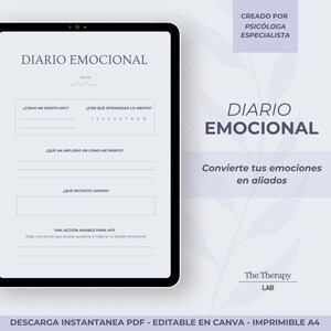 Könnte beinhalten: Ein digitales Tablet zeigt eine Vorlage für ein emotionales Tagebuch auf Spanisch. Das Tagebuch enthält Aufforderungen für tägliche Gefühle, Intensitätsstufen und Reflexionen. Auf dem Bildschirm steht "DIARIO EMOCIONAL" und "Convierte tus emociones en aliados."