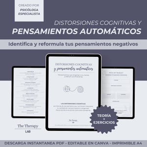 Puede incluir: Una hoja de trabajo digital en español, titulada "Distorsiones Cognitivas y Pensamientos Automáticos", que se muestra en tres tabletas. La imagen incluye el texto "Identifica y reformula tus pensamientos negativos". El logotipo de The Therapy Lab también es visible.