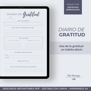 Puede incluir: Un diario de gratitud digital mostrado en una tableta. El diseño del diario es minimalista, con secciones para reflexiones diarias, afirmaciones y metas. El texto "DIARIO DE GRATITUD" se destaca, junto con la frase "Haz de la gratitud un hábito diario."
