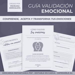 Puede incluir: Una descarga digital con el título "Guía de Validación Emocional". La guía incluye texto e ilustraciones sobre la comprensión y validación de las emociones. El diseño es minimalista con fondo blanco y acentos grises. El texto "Descarga PDF - Editable en Canva - Imprimible A4" está en la parte inferior.