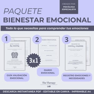 Op de afbeelding: Een digitale downloadbundel in het Spaans, getiteld "Emotioneel Welzijn Pakket", met drie afdrukbare gidsen: Emotionele Validatie, Emotioneel Dagboek en Emoties en Behoeften Registratie. Gemaakt door een specialistische psycholoog.