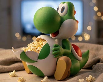 3D gedruckter Yoshi Popcorn Eimer mit Bauchfach –  Yo-shi-inspirierte Snackschale | 26cm Figur Geschenk Idee | verschiedene Farben
