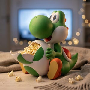 3D-utskriven Yoshi popcornhink med magfack – Yoshi-inspirerad snackskål | 26 cm figur, presentidé | Olika färger