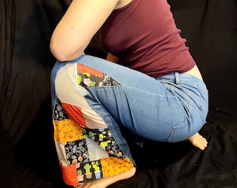 Cactus Bloom - Upcycled Jeans | Handmade | Patchwork Denim | Sustainable Festival Jeans | Reworked vintage denim