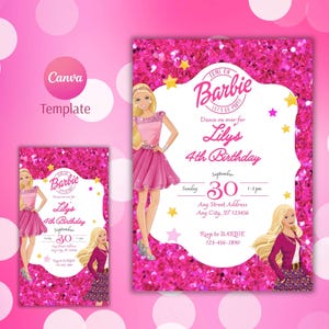 Birthday Invitation Pink Fashion Doll Birthday Party Invitation Girls Cute Doll Theme Invite for Party Instant Download Pink Evite Editable
