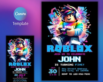 Può includere: Un invito di compleanno Roblox nero con un'illustrazione colorata di un personaggio di Roblox che tiene un controller. L'invito include il testo "ROBLOX", "Unisciti a noi per festeggiare John" e i dettagli dell'evento.