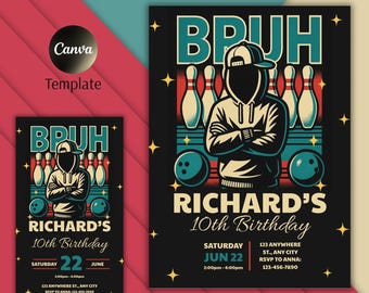 Plantilla de invitación para fiesta de cumpleaños de bolos / Diseño editable en Canva para celebración de bolos infantiles / Invitación divertida y personalizable