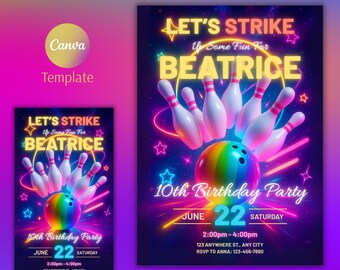 Plantilla de invitación para fiesta de cumpleaños de bolos / Diseño editable en Canva para celebración de bolos infantiles / Invitación divertida y personalizable