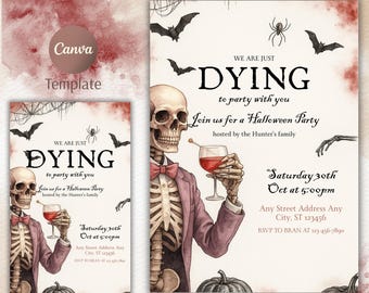 Skeleton Halloween Party Invitation: Cocktails & Costumes, Canva Template