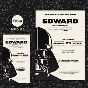 May include: A black and white birthday party invitation template featuring Darth Vader's silhouette. The invitation includes the text "EDWARD IS TURNING 10" and event details. The design is set against a cream background with a starry pattern.