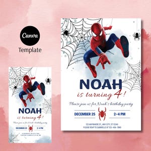 May include: A birthday party invitation template featuring Spider-Man. The design includes the text "NOAH is turning 4!" and party details. The background has spiderwebs and watercolor accents, with a smaller version of the invitation.