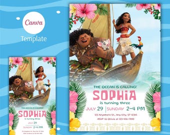 Edytowalny szablon zaproszenia urodzinowego „Moana”: impreza dla dzieci, do natychmiastowego pobrania