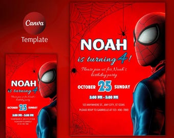 May include: Red birthday party invitation featuring Spider-Man. The invitation reads "NOAH is turning 4!" with party details including the date, time, and location. A Spider-Man graphic is on the right side of the invitation.