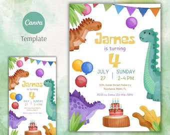 May include: A birthday party invitation featuring watercolor illustrations of dinosaurs, balloons, and a birthday cake. The invitation includes the name "James", the number "4", and event details.