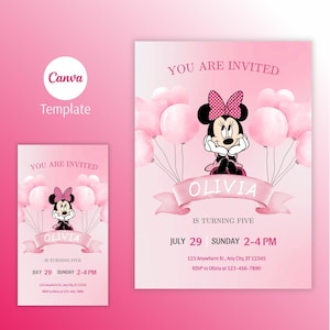 Invito di compleanno modificabile di Minnie Mouse, invito di compleanno per bambine, invito di compleanno rosa con un simpatico topo, invito di compleanno digitale, invito di compleanno con Canva