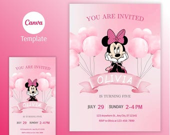 Editable Minnie Mouse Birthday Invitation: Pink Evite, Canva Template (Digital Download)