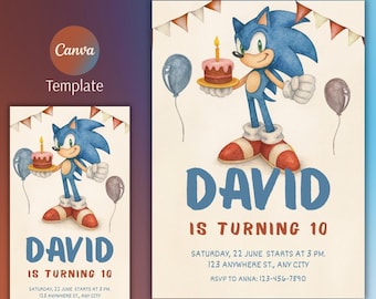Editable Sonic Birthday Invitation: Watercolor Design (Digital Download, 5x7" Template)