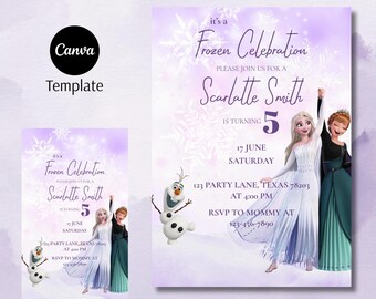 May include: A Frozen Celebration invitation template in shades of purple, featuring the text "Frozen Celebration" and details for a birthday party. Includes illustrations of characters from the movie and the text "Scarlatte Smith is turning 5".