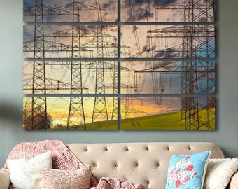 Huge Electricity Wall Art Picture on Canvas - Wire Lines Extra Large Oversized Art - Power Plant Industrial Decor - Power Poles Huge Picture