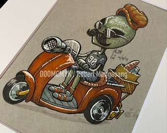 Alien on a Moped Original Ink Drawing Matted to 8x10