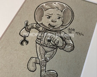 Mouse Astronaut Original Ink Drawing Matted to 8x10